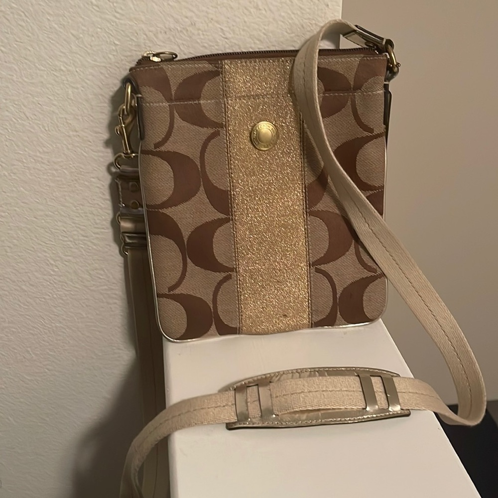 Gold and brown crossbody bag.